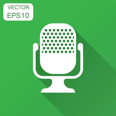 Düz stil mikrofon simgesi. Mikrofon yayın vektör çizim uzun gölge ile. Mikrofon mike konuşma iş kavramı.