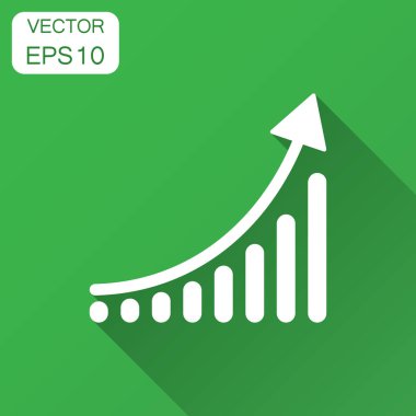 Düz stil büyüyen çubuk grafik simgesini. Ok vektör çizim uzun gölge ile artırın. Infographic ilerleme iş kavramı.