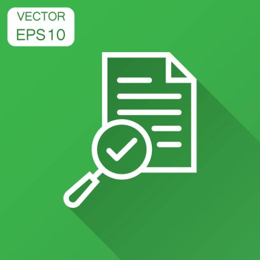 Düz stil İnceleme belge planı simgesi. Deyim vektör çizim uzun gölge ile gözden geçirin. Büyüteç'i Büyüteç iş kavramı ile belge.