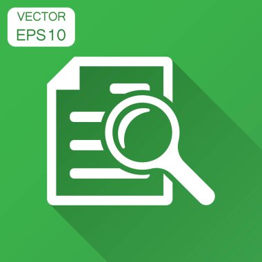 Düz stil İnceleme belge planı simgesi. Deyim vektör çizim uzun gölge ile gözden geçirin. Büyüteç'i Büyüteç iş kavramı ile belge.