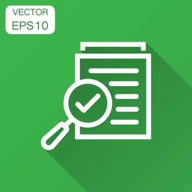 Düz stil İnceleme belge planı simgesi. Deyim vektör çizim uzun gölge ile gözden geçirin. Büyüteç'i Büyüteç iş kavramı ile belge.