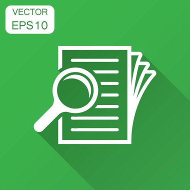 Düz stil İnceleme belge planı simgesi. Deyim vektör çizim uzun gölge ile gözden geçirin. Büyüteç'i Büyüteç iş kavramı ile belge.