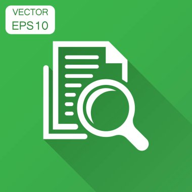 Düz stil İnceleme belge planı simgesi. Deyim vektör çizim uzun gölge ile gözden geçirin. Büyüteç'i Büyüteç iş kavramı ile belge.