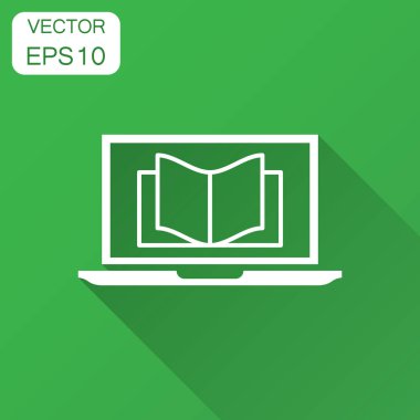 E-öğrenme eğitim simgesini düz stil. Çalışma vektör çizim uzun gölge ile. Dizüstü bilgisayar online eğitim iş kavramı.