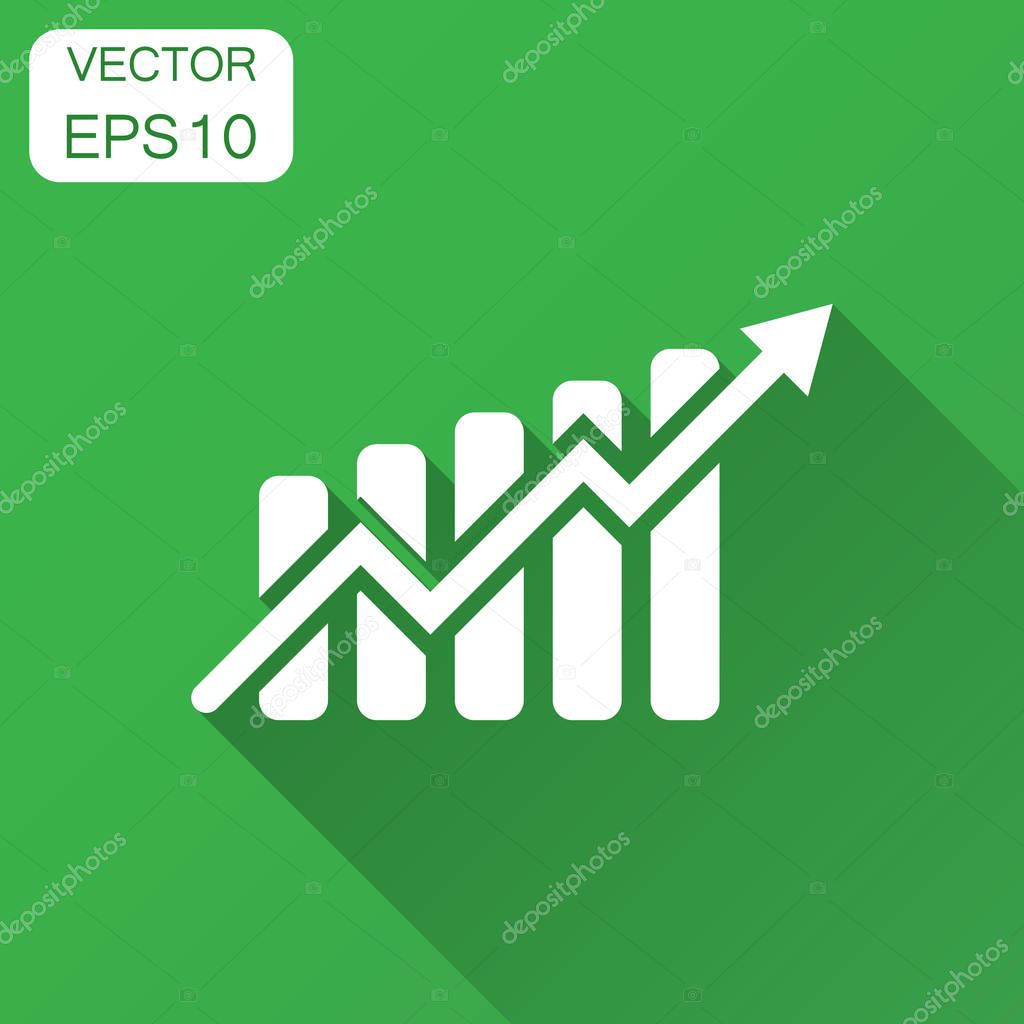 Growing bar graph icon in flat style. Increase arrow vector illustration with long shadow. Infographic progress business concept.