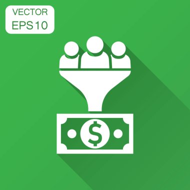 Kurşun yönetimi simgesini düz tarzı. İnsanlar, para vektör çizim uzun gölge ile huni. Hedef istemci iş kavramı.