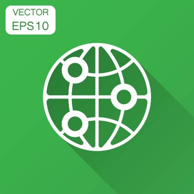 Dünya gezegeni düz stil simgesinde. Coğrafi vektör illüstrasyon uzun gölge ile. Küresel iletişim iş kavramı.