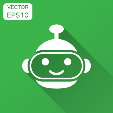 Sevimli robot sohbet etmek düz stil simgesinde. Bot operatör vektör çizim uzun gölge ile. Akıllı sohbet etmek karakter iş kavramı.