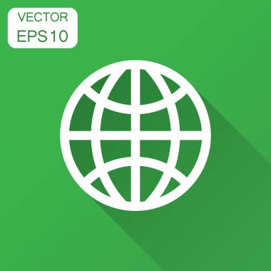 Dünya gezegeni düz stil simgesinde. Coğrafi vektör illüstrasyon uzun gölge ile. Küresel iletişim iş kavramı.