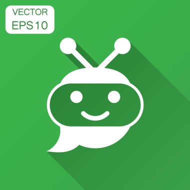 Sevimli robot sohbet etmek düz stil simgesinde. Bot operatör vektör çizim uzun gölge ile. Akıllı sohbet etmek karakter iş kavramı.