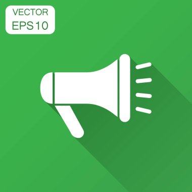 Megafon hoparlör simgesine düz stil. Megafon ses duyuru vektör çizim uzun gölge ile. Megafon yayın iş kavramı.