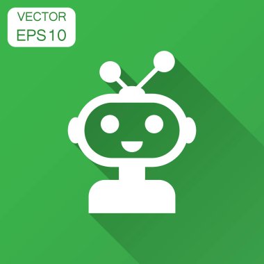 Sevimli robot sohbet etmek düz stil simgesinde. Bot operatör vektör çizim uzun gölge ile. Akıllı sohbet etmek karakter iş kavramı.