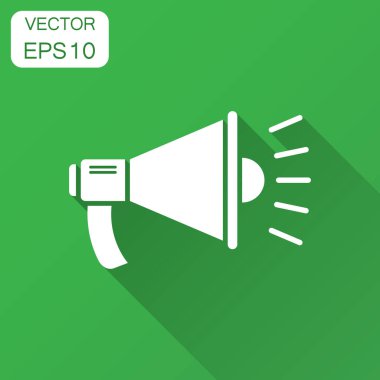 Megafon hoparlör simgesine düz stil. Megafon ses duyuru vektör çizim uzun gölge ile. Megafon yayın iş kavramı.