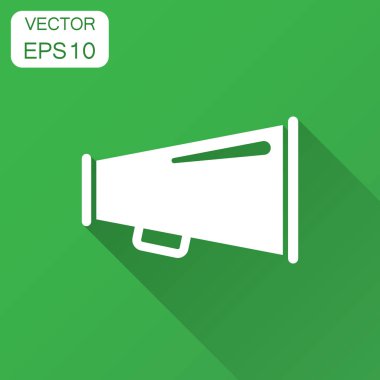 Megafon hoparlör simgesine düz stil. Megafon ses duyuru vektör çizim uzun gölge ile. Megafon yayın iş kavramı.