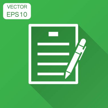 Sözleşme anlaşması simgesini düz stil. Belge sayfası kalem vektör çizim ile uzun gölge ile. Sözleşme düzenleme iş kavramı.