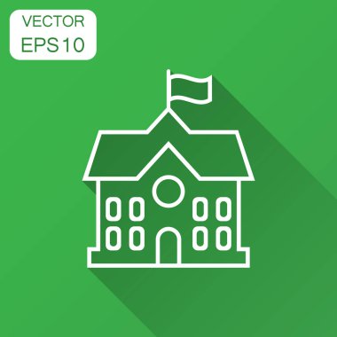 Okul bina simgesini düz stil. Üniversite eğitim vektör çizim uzun gölge ile. Banka, hükümet iş kavramı.