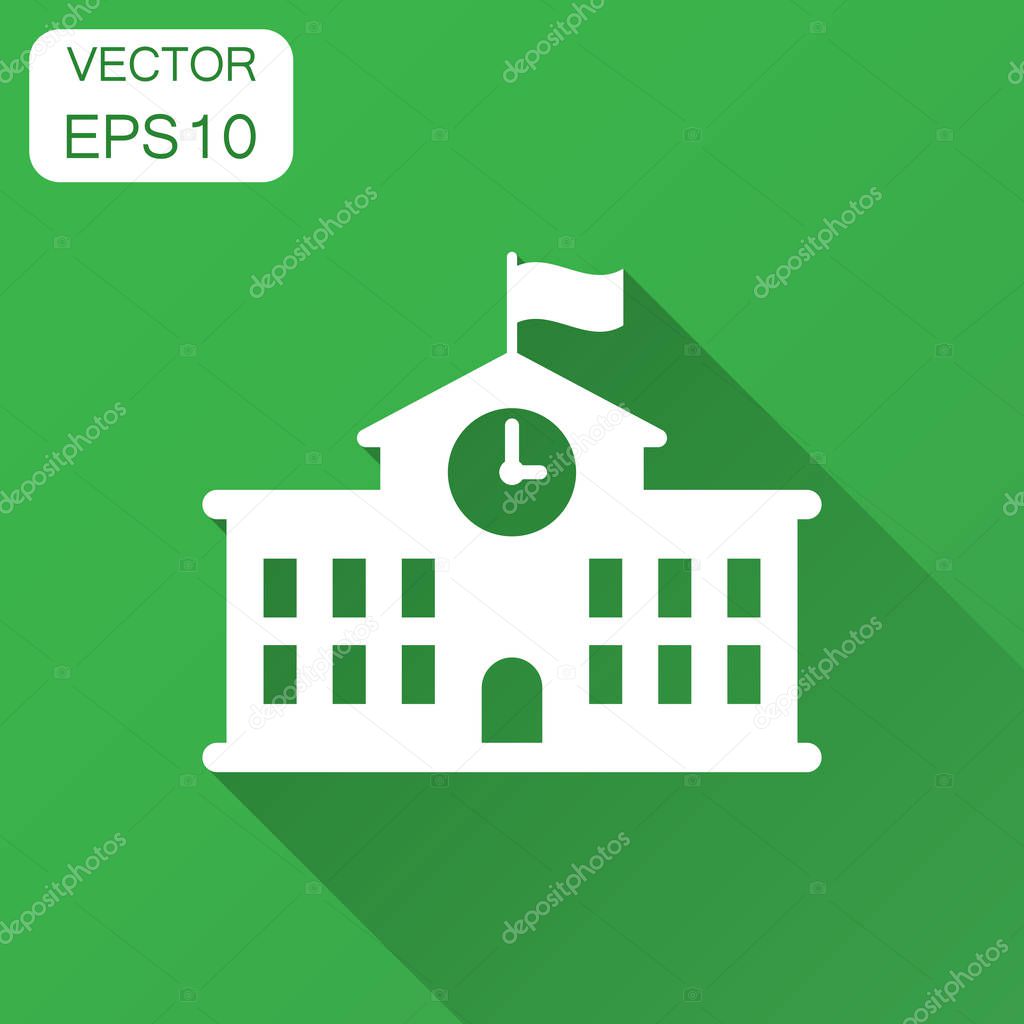 School building icon in flat style. College education vector illustration with long shadow. Bank, government business concept.
