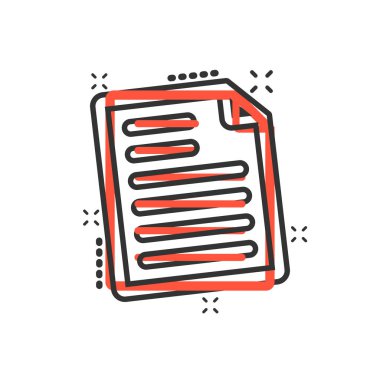 Çizgi roman tarzında belge notu simgesi. Kağıt sayfa vektör karikatür resimli resim. Not defteri belgesi iş konsepti sıçrama efekti.