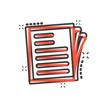 Çizgi roman tarzında belge notu simgesi. Kağıt sayfa vektör karikatür resimli resim. Not defteri belgesi iş konsepti sıçrama efekti.