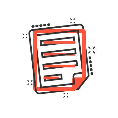 Çizgi roman tarzında belge notu simgesi. Kağıt sayfa vektör karikatür resimli resim. Not defteri belgesi iş konsepti sıçrama efekti.