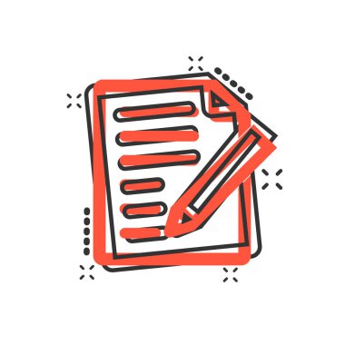 Çizgi roman tarzında belge notu simgesi. Kağıt sayfa vektör karikatür resimli resim. Not defteri belgesi iş konsepti sıçrama efekti.