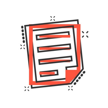 Çizgi roman tarzında belge notu simgesi. Kağıt sayfa vektör karikatür resimli resim. Not defteri belgesi iş konsepti sıçrama efekti.