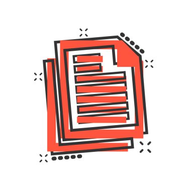 Çizgi roman tarzında belge notu simgesi. Kağıt sayfa vektör karikatür resimli resim. Not defteri belgesi iş konsepti sıçrama efekti.