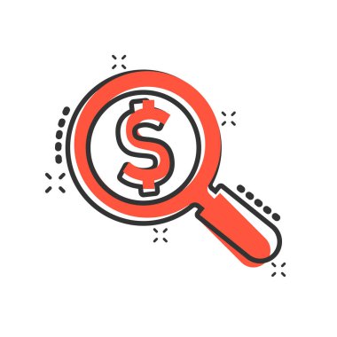 Çizgi roman tarzında dolar işareti simgesi olan büyüteç. Loupe, para vektörü karikatür resimli resim. Arama faturası iş konsepti sıçrama etkisi.