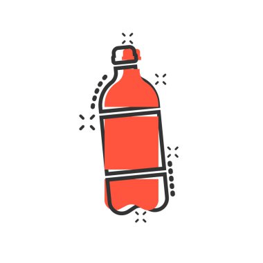 Su şişesi simgesi çizgi roman tarzı. Plastik soda şişesi vektör çizgi film illüstrasyon piktogram. Sıvı su iş kavramı splash etkisi.