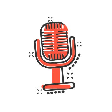 Çizgi roman tarzı mikrofon simgesi. Mikrofon yayın vektör çizgi film illüstrasyon piktogram. Mikrofon mike konuşma iş kavramı splash etkisi.