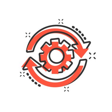 Çizgi roman tarzında çalışma süreci simgesi. Oklar vektör karikatür resimli dişli çark. İş akışı iş konsepti sıçrama etkisi.