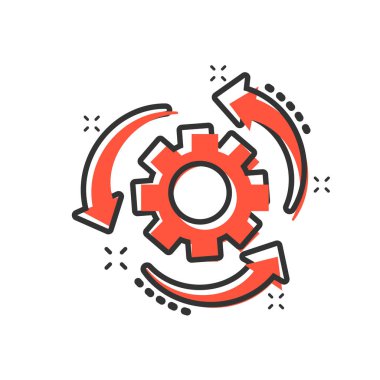 Çizgi roman tarzında çalışma süreci simgesi. Oklar vektör karikatür resimli dişli çark. İş akışı iş konsepti sıçrama etkisi.