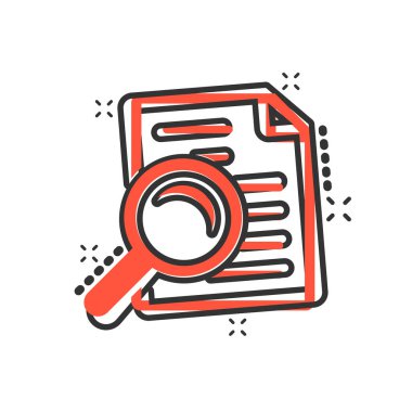 Çizgi roman tarzında incelenen belge planı simgesi. Açıklama vektör çizim resimlemesini gözden geçir. Yükseltici loupe iş konsepti sıçrama efekti içeren belge.