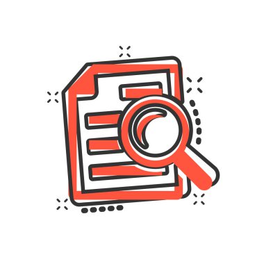 Çizgi roman tarzında incelenen belge planı simgesi. Açıklama vektör çizim resimlemesini gözden geçir. Yükseltici loupe iş konsepti sıçrama efekti içeren belge.