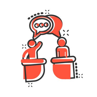 Siyasi münazara ikonu. Başkanlık tartışmaları vektör karikatür çizimi resimtogramı. İş adamı tartışması iş konsepti sıçrama etkisi.