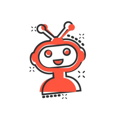 Çizgi roman tarzında sevimli robot sohbet robotu ikonu. Robot operatör vektör karikatür resimli resim. Akıllı sohbet robotu karakter iş konsepti sıçrama efekti.
