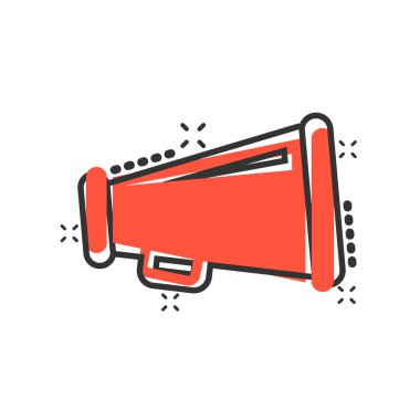 Çizgi roman tarzında megafon hoparlörü ikonu. Bullhorn ses duyurusu vektör çizim resimli çizim. Megafon yayın işi konsepti sıçrama etkisi.