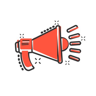 Çizgi roman tarzında megafon hoparlörü ikonu. Bullhorn ses duyurusu vektör çizim resimli çizim. Megafon yayın işi konsepti sıçrama etkisi.