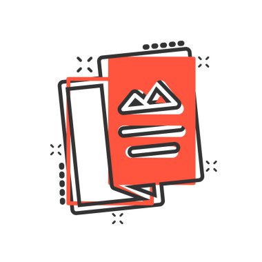 Broşür ikonu komik bir şekilde. Broşür sayfası vektör karikatür resimli resim. Broşür işi konsepti sıçrama efekti.