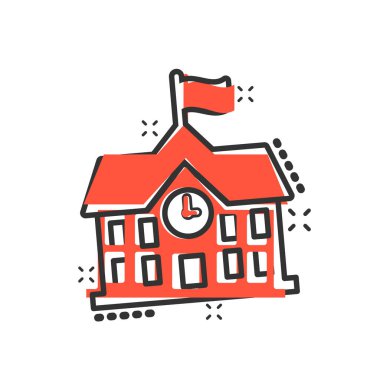 Çizgi roman tarzında okul binası ikonu. Kolej eğitimli vektör karikatür resimli resim. Banka ve hükümet iş konsepti sıçrama etkisi.