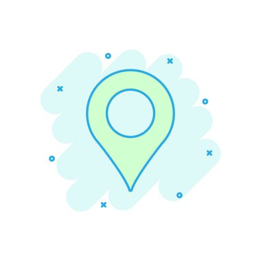 PIN harita simgesini çizgi roman tarzı. Çizgi film gps navigasyon vektör çizim piktogram. Hedef hedef iş kavramı splash etkisi.
