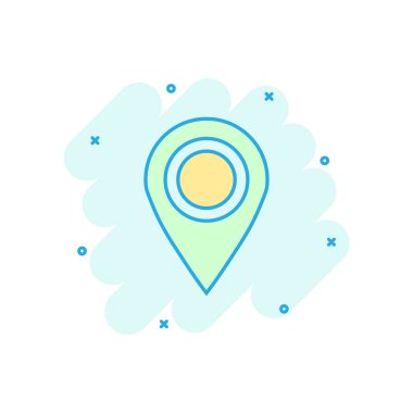PIN harita simgesini çizgi roman tarzı. Çizgi film gps navigasyon vektör çizim piktogram. Hedef hedef iş kavramı splash etkisi.