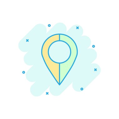 PIN harita simgesini çizgi roman tarzı. Çizgi film gps navigasyon vektör çizim piktogram. Hedef hedef iş kavramı splash etkisi.