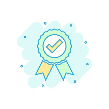 Sertifika madalya simgesi çizgi roman tarzı onayladı. Onay işareti damgası vektör çizgi film illüstrasyon piktogram. Kabul, ödülü mühür iş kavramı splash etkisi.