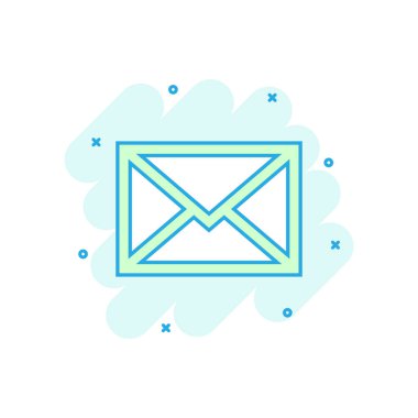 Posta zarf simgesi çizgi roman tarzı. E-posta iletisi vektör çizgi film illüstrasyon piktogram. Posta kutusu e-posta iş kavramı splash etkisi.