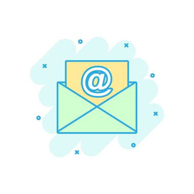 Posta zarf simgesi çizgi roman tarzı. E-posta iletisi vektör çizgi film illüstrasyon piktogram. Posta kutusu e-posta iş kavramı splash etkisi.