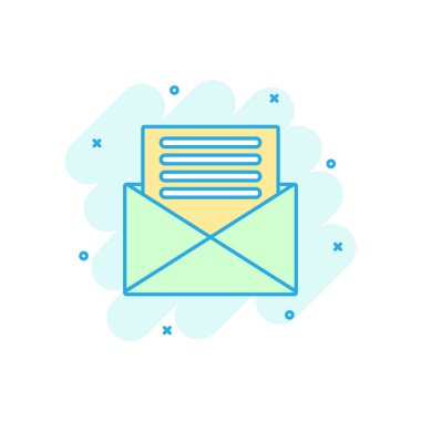 Posta zarf simgesi çizgi roman tarzı. E-posta iletisi vektör çizgi film illüstrasyon piktogram. Posta kutusu e-posta iş kavramı splash etkisi.