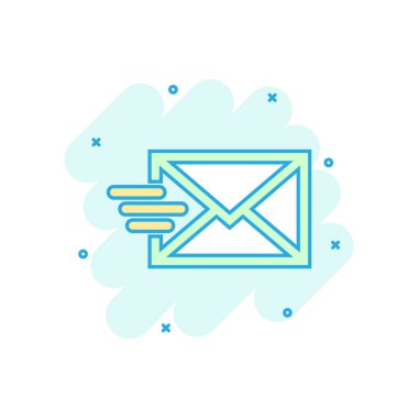 Posta zarf simgesi çizgi roman tarzı. E-posta iletisi vektör çizgi film illüstrasyon piktogram. Posta kutusu e-posta iş kavramı splash etkisi.