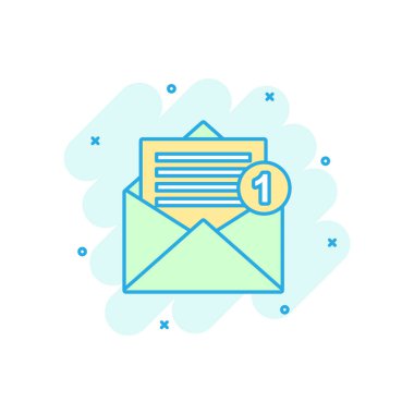 Posta zarf simgesi çizgi roman tarzı. E-posta iletisi vektör çizgi film illüstrasyon piktogram. Posta kutusu e-posta iş kavramı splash etkisi.