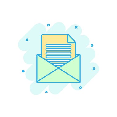 Posta zarf simgesi çizgi roman tarzı. E-posta iletisi vektör çizgi film illüstrasyon piktogram. Posta kutusu e-posta iş kavramı splash etkisi.